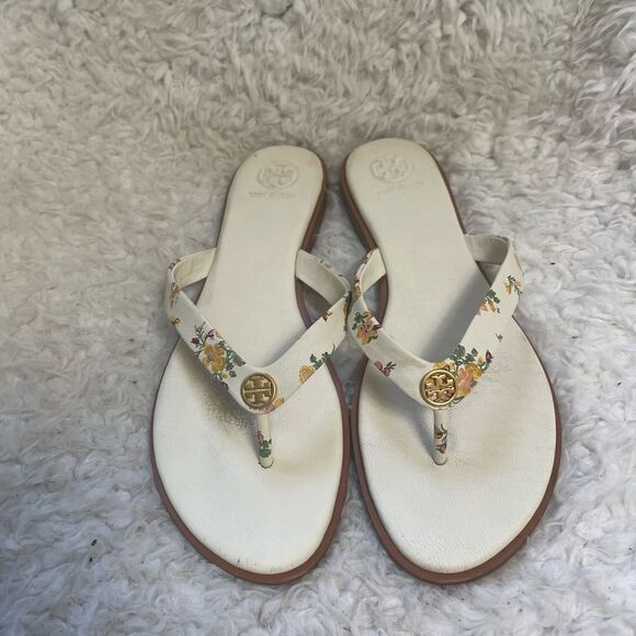 Tory Burch leather beige Floral thong Sandals gold tone logo accent SZ9 - Picture 1 of 13